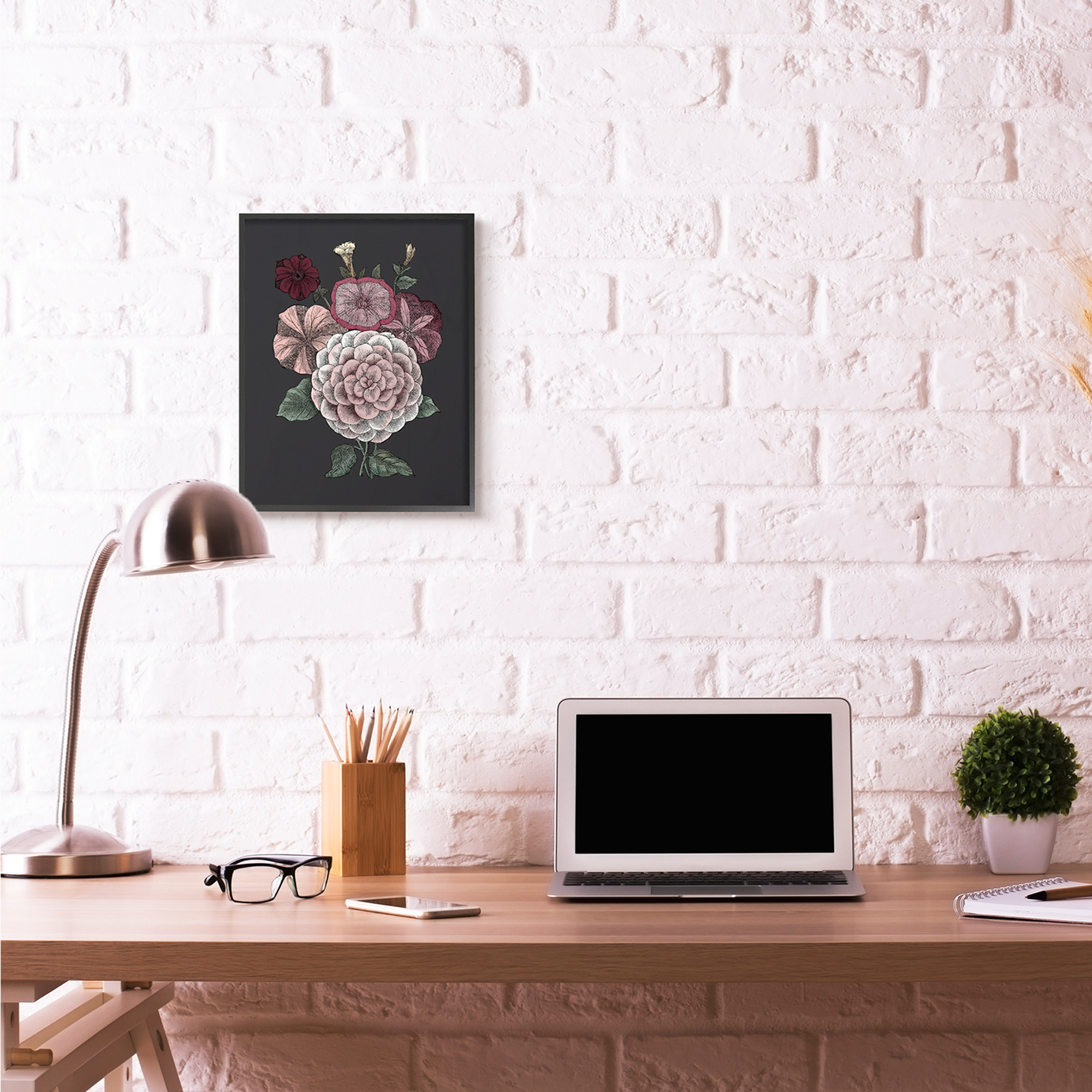 Stupell Industries Pink Flowers On Black Drawing Design Black Framed Art Print Wall Art, 16x20, by The Saturday Evening Post