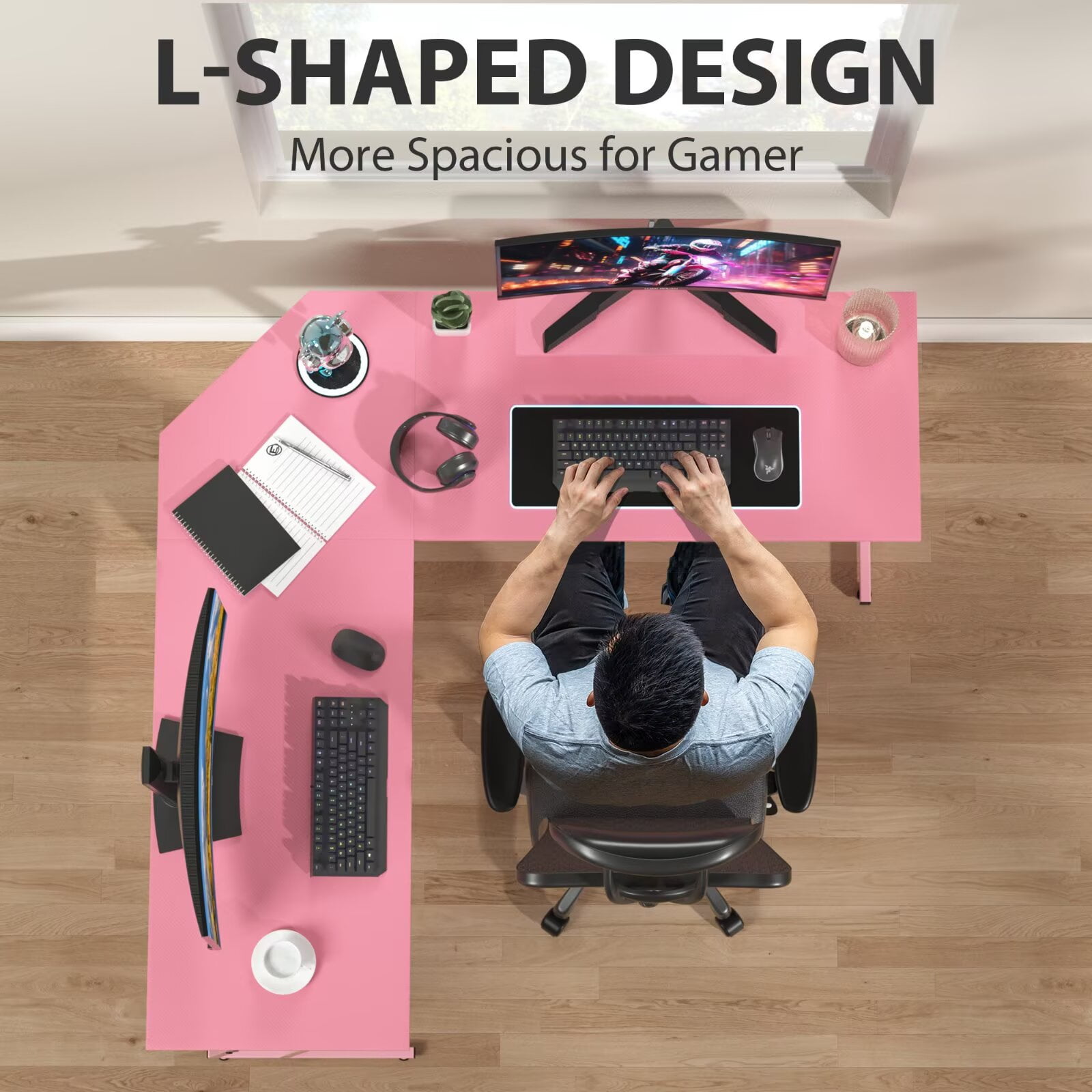 YRLLENSDAN 50 Inch L shaped Corner Gaming Desk, Adjustable Computer Desk with Large Desktop, Home Office Desk with Monitor Stand, for Home and Work Place, Pink