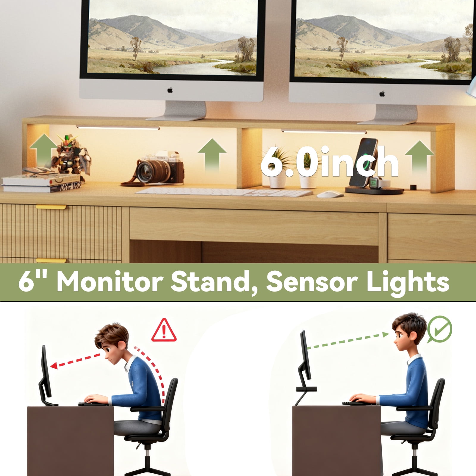 Cyehnenx Executive Desk with Lift Top, 63" Fluted Home Office Desk with LED Light, Charger, 3 File Drawers, Farmhouse Gaming Desk, Wood