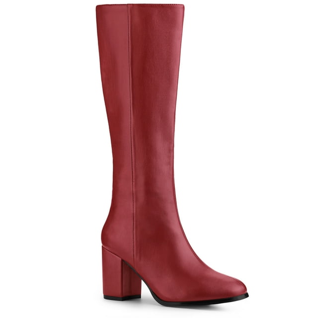 Unique Bargains Women's Round Toe Zip Knee High Block Heels Boots Red 5.5 M US