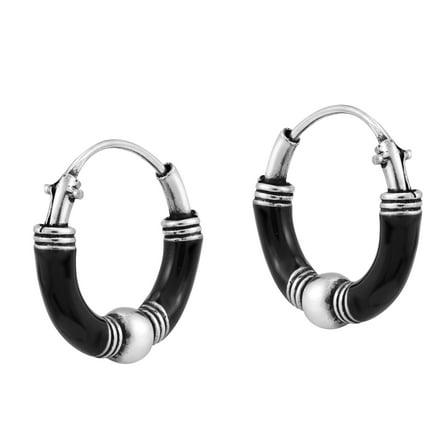 Aeravida 12mm Black Enamel Balinese Silver Ball Hoop Sterling Silver Earrings | Classic Sterling Silver Hoop Earrings | Chic Earrings for Women | Hoop Earrings Set | Gift for Daughter