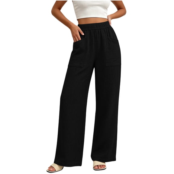 Women's Summer Casual Solid Color Denim Two Pocket Elastic Waist Straight Leg Pants