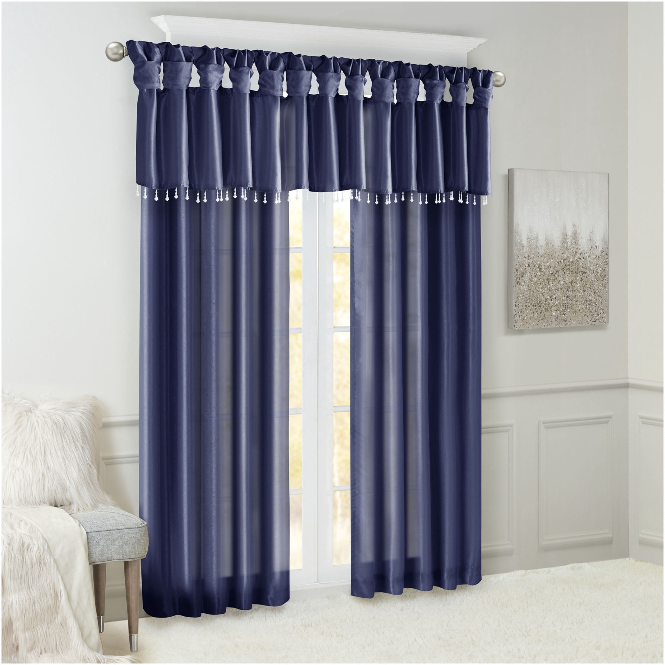 JERFIT Navy Blue Faux Silk Window Valance with Beaded Trim, 50x26 Inch DIY Twist Tab Top Curtain for Elegant Home Decor