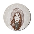 thumbnail image 1 of Winter Mouse Pad for Computers, Woman in Coat and Hoody Scarf and Snowflakes Christmas Portrait Noel Graphic, Round Non-Slip Thick Rubber Modern Mousepad, 8" Round, Redwood and Beige, by Ambesonne, 1 of 2