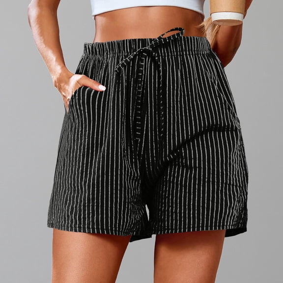 HOWPAY Women's Shorts Baggy Striped Loose Fit Elastic High Waisted Bottoms Casual Lightweight Summer Workout Cycling Lounge Shorts Black M
