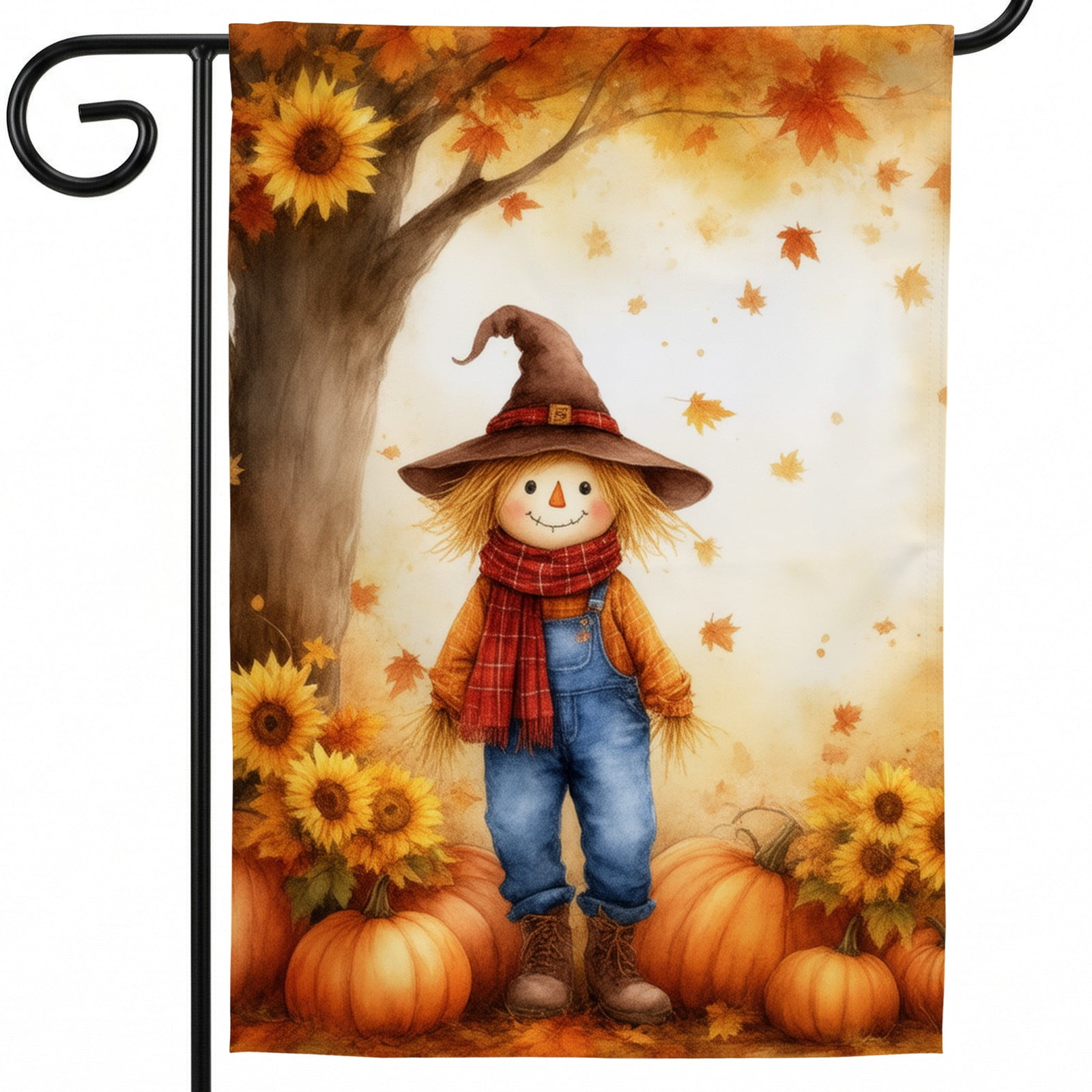 Fall Porch Flag 28*40 A scarecrow standing in front of a tree with pumpkins and sunflowers Flag Decor