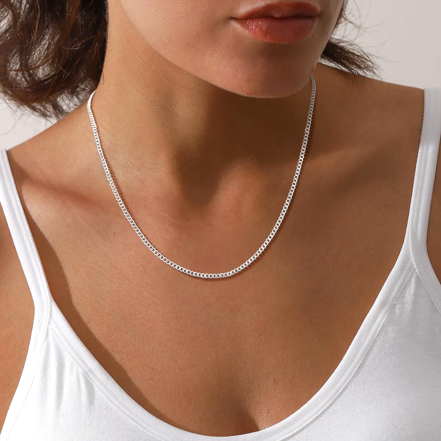 Suplight Solid 925 Sterling Silver Chain Necklace 3mm Flat Curb Cuban Link Chain Jewelry Gift for Men Women