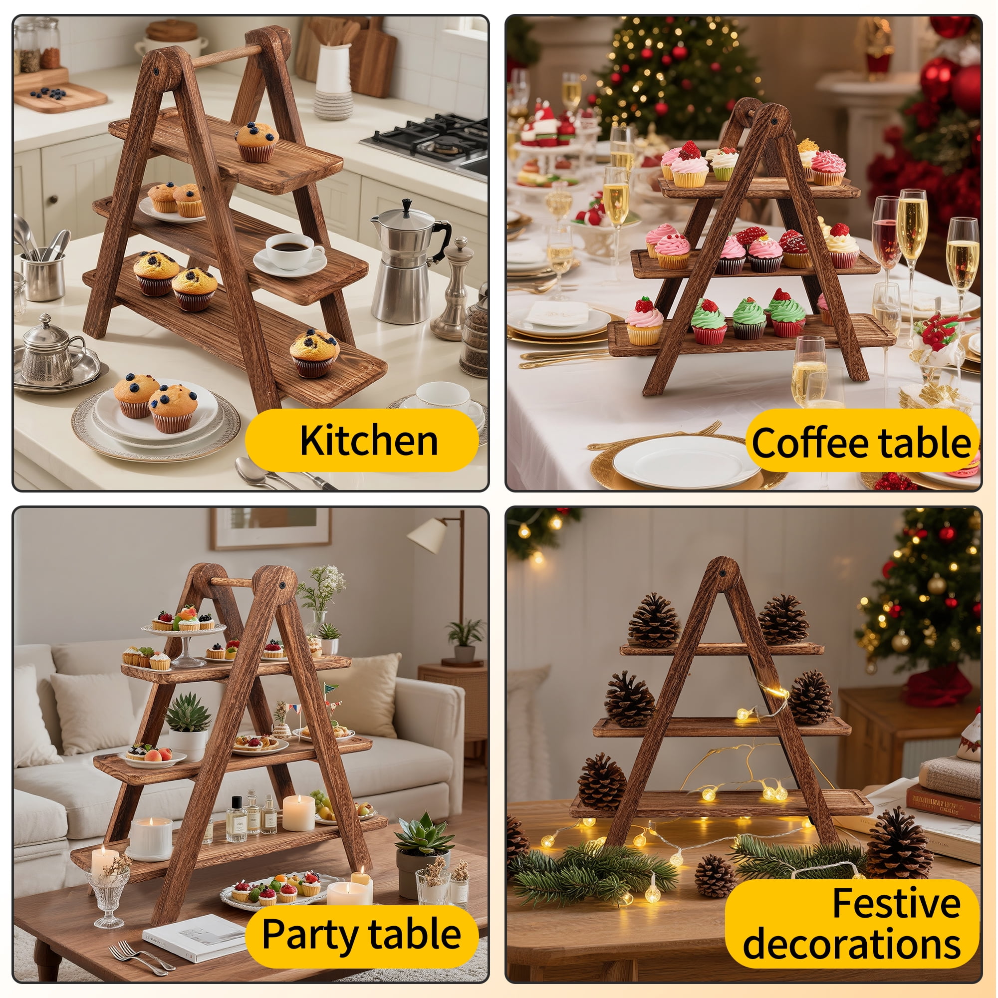 3 Tier Serving Tray, Cupcake Stand, Wooden Rectangle Serving Platter for Party, Wedding, Picnic,Your Perfect Elevated Charcuterie Stand and for Dessert Lovers