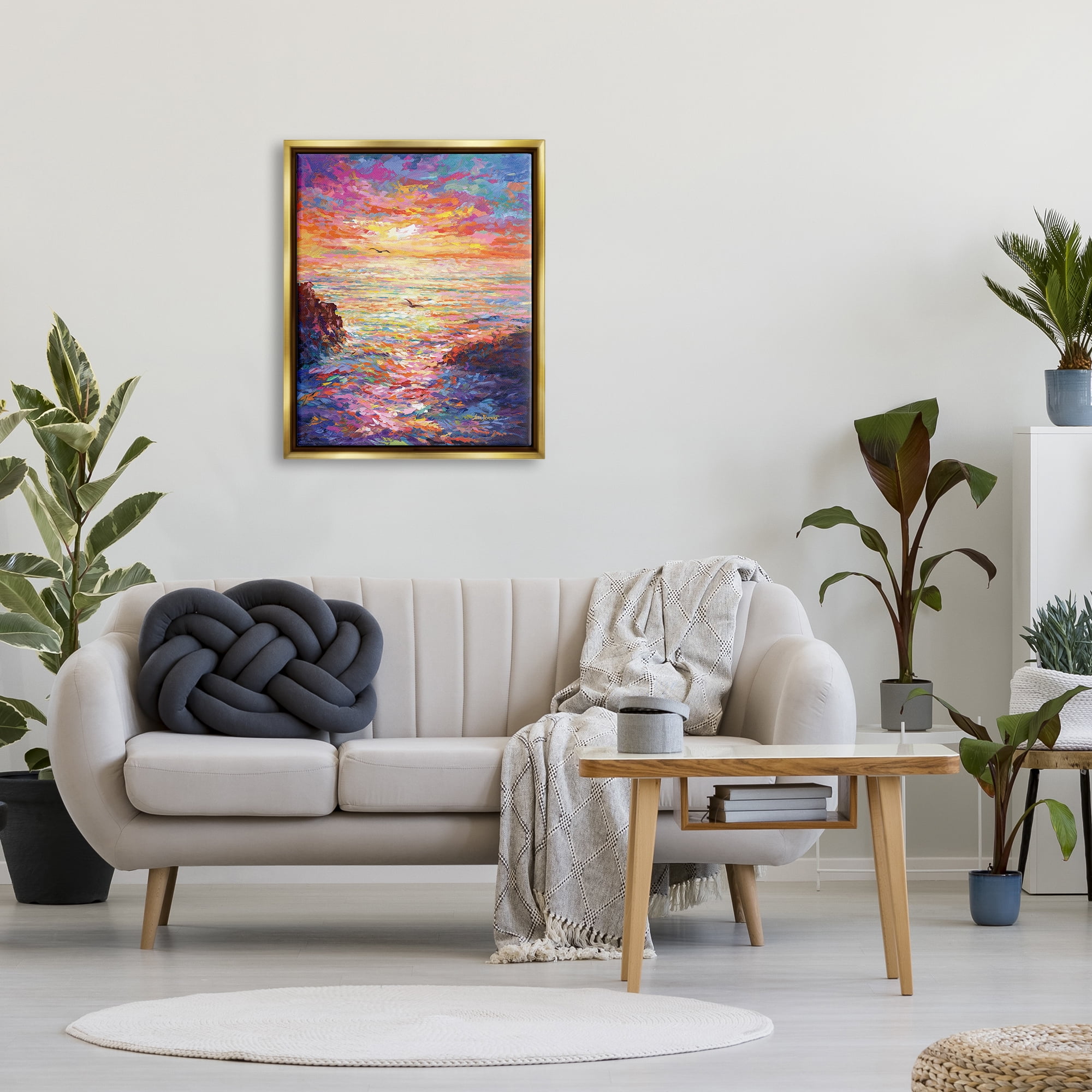 Stupell Industries Vibrant Abstract Ocean Sunset Landscape Painting Gold Floater Framed Canvas Art Print Wall Art, 25 x 31
