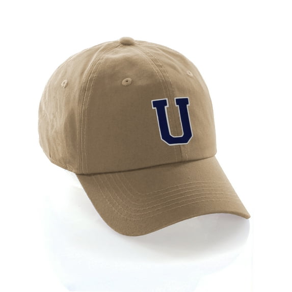 Customized Letter Intial Baseball Hat A to Z Team Colors, Khaki Cap White Navy Letter U