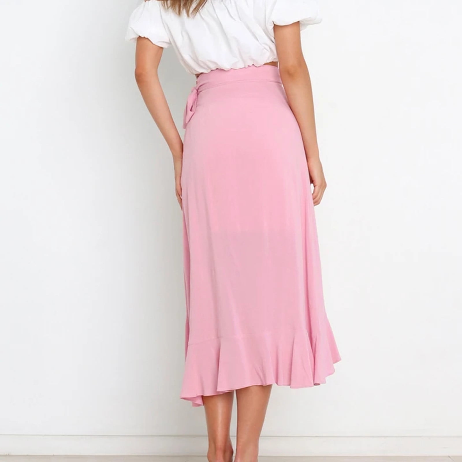 Women s Ruffle Wrap Long Skirt High Waisted Tie Knot Irregular Maxi Skirt Solid Color Casual Skirt for Business Casual Walmart