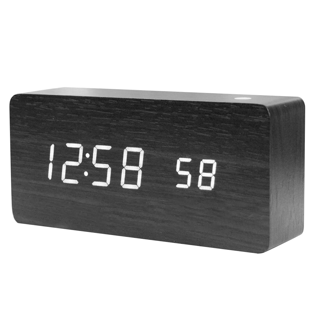 TKSE LED Wooden Digital Alarm Clock With USB Charging Ports Black