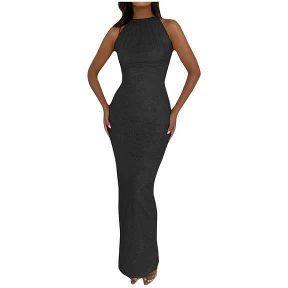 VKEKIEO Formal Dresses For Women Evening Gown Crew Neck Sleeveless Printed Black S