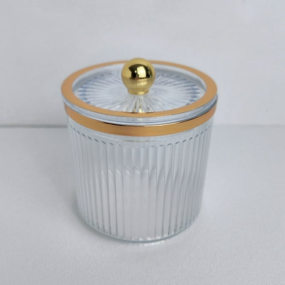 Tranlucent Apothecary Ribbed Geometric Etched Glass Jar W/Gold Metal Lid Cover for Bathroom Organization, Cotton Balls, Q Tips, and Small Accessories, Bathroom Storage