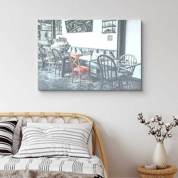 PixonSign Canvas Print Wall Art Orange Chair in Restaurant Dining Room Places Cities Photography Realism Modern Scenic Relax/Calm Blue Duotone for Living Room, Bedroom, Office - 24"x36"