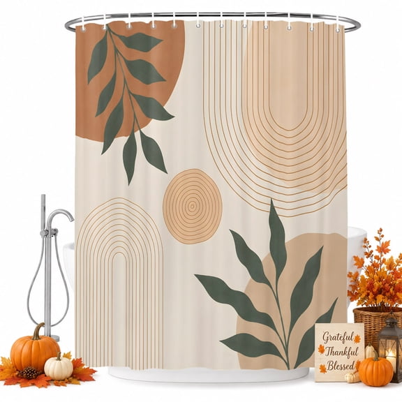 Bohemian Shower Curtain, Waterproof Shower Curtains for Bathroom, Abstract Boho Circle Striped Leaves Beige Washable Fabric Bathtub Curtain Set Bath Decor with 12 Hooks 72"x78"