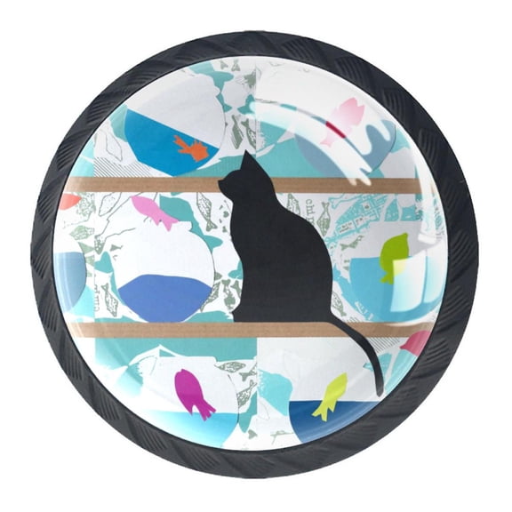 4 Pcs Black Cat and Fish Knobs for Kitchen Cabinet Cupboard Dresser Bookcase Drawer Pulls Handles Round Home Decor