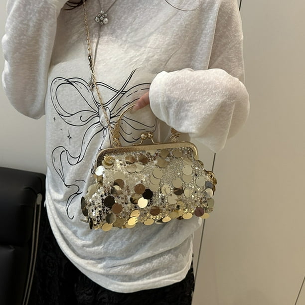 Bolso de noche con lentejuelas y cierre de clip para mujer | Bolso de hombro con cadena dorada, plateada y negra | Bolso bandolera de poliéster para cenas y eventos especiales