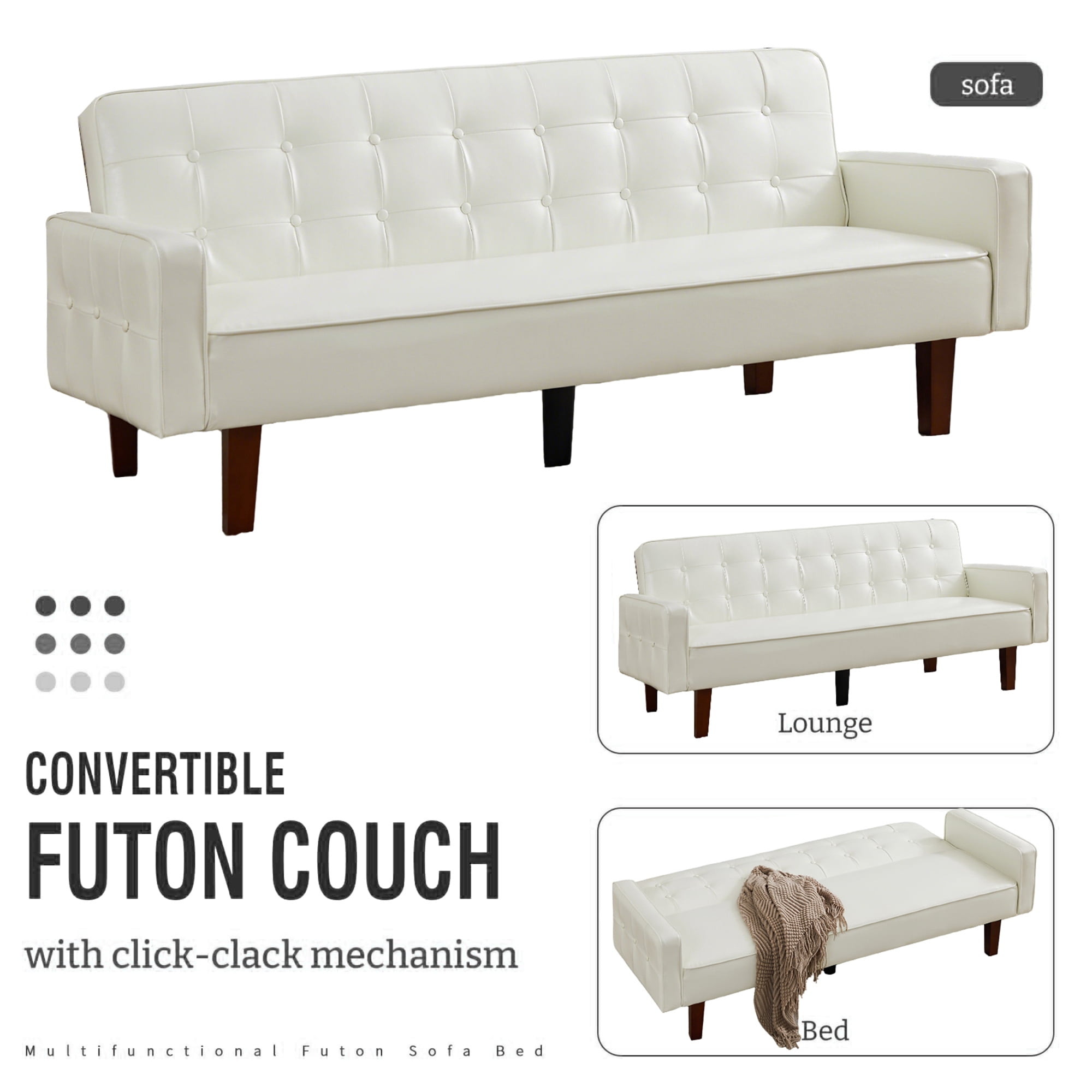 Aukfa 75" Button-Tufted Futon Convertible Sofa Bed for Home Office, Leather, White