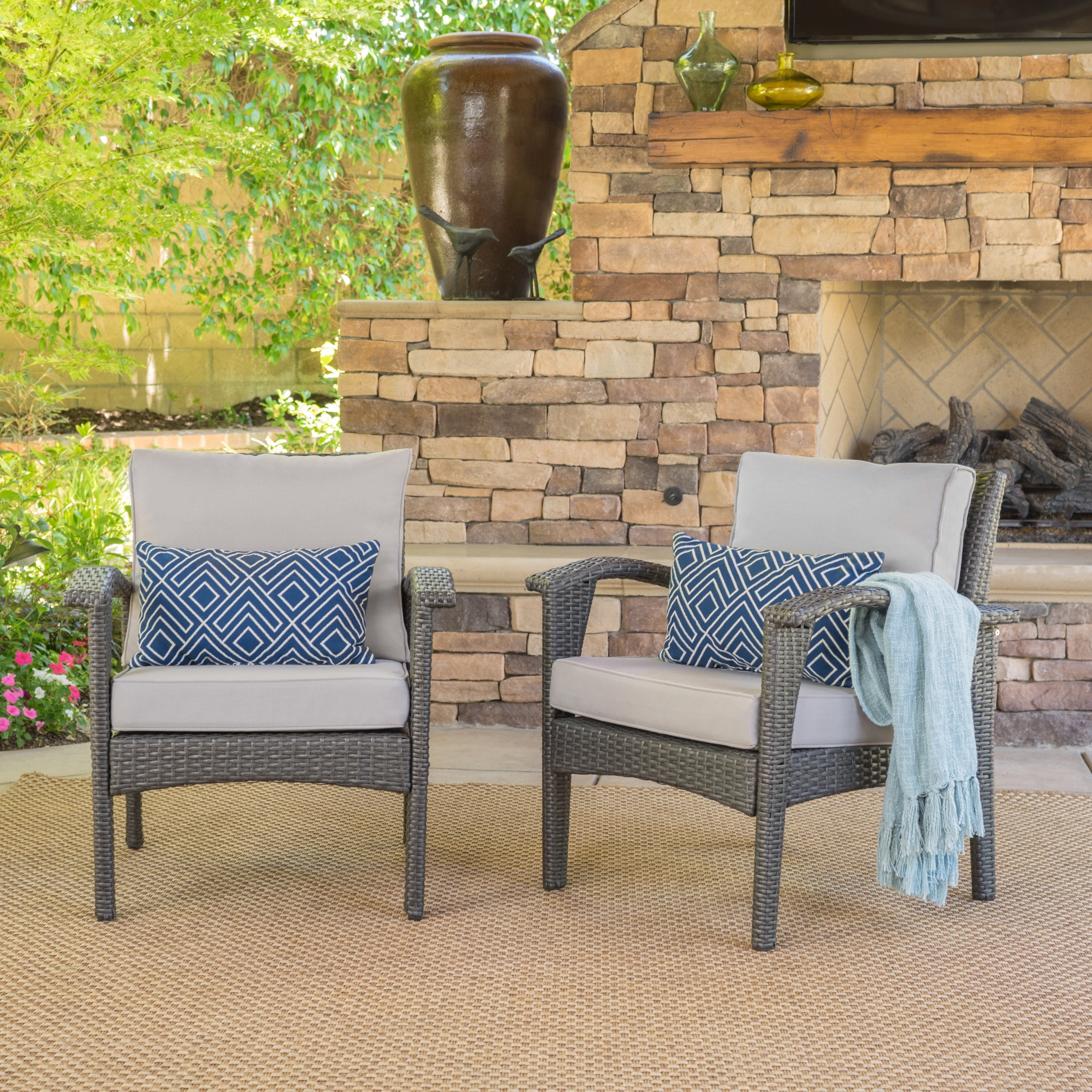 Kingsfield Outdoor Wicker Club Chairs with Silver Cushions, Set of Two, Grey