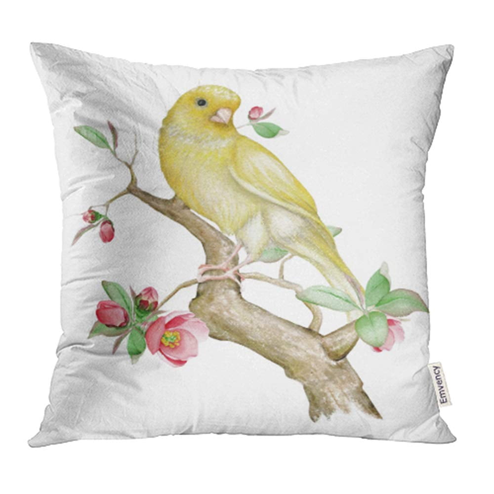 YWOTA Pink Vintage Watercolor Canary Bird on Blooming Tree Branch White