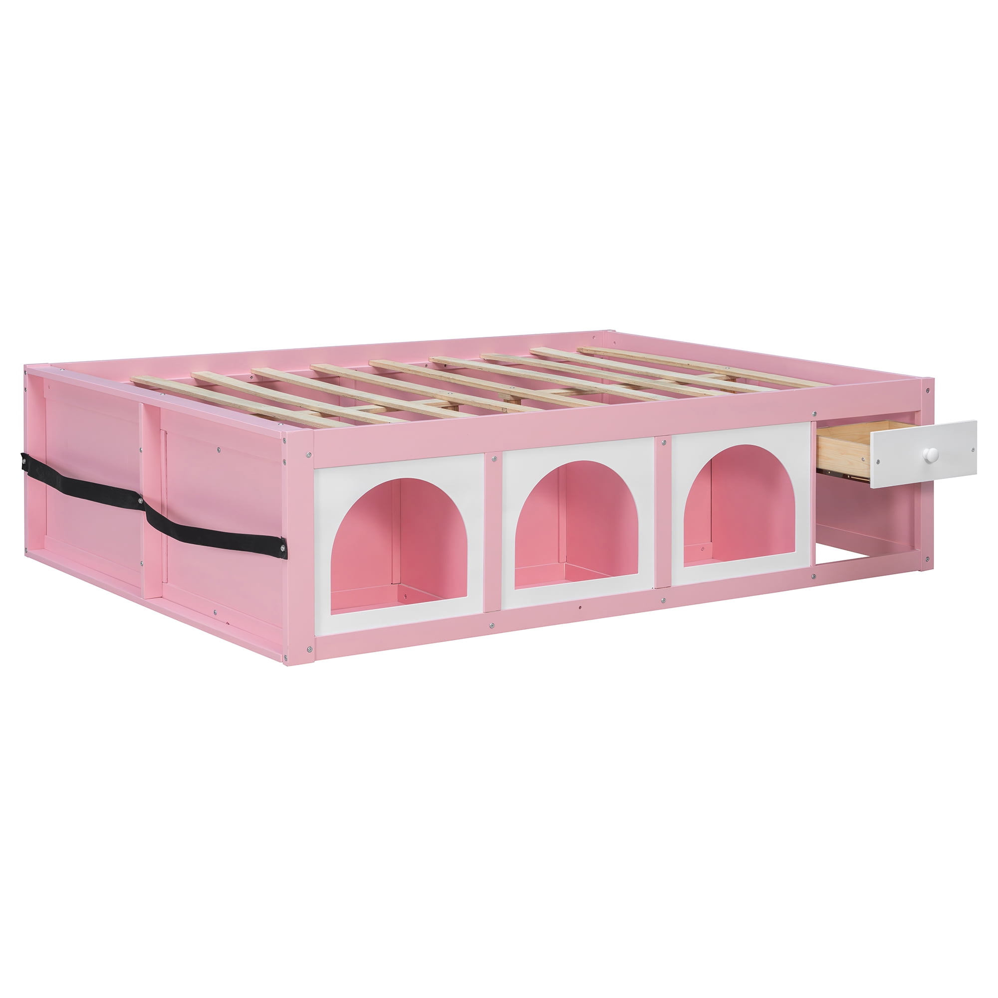 Mintazer Full Platform Bed with Bookshelf and 3 Open Cubbies & Drawer, Wooden Bed Frame with LED Light for Kids Bedroom, Pink & White