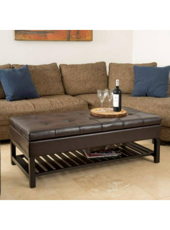 GDF Studio Kilbourne Contemporary Bonded Leather Tufted Storage Ottoman Bench with Rack, Brown and Dark Brown