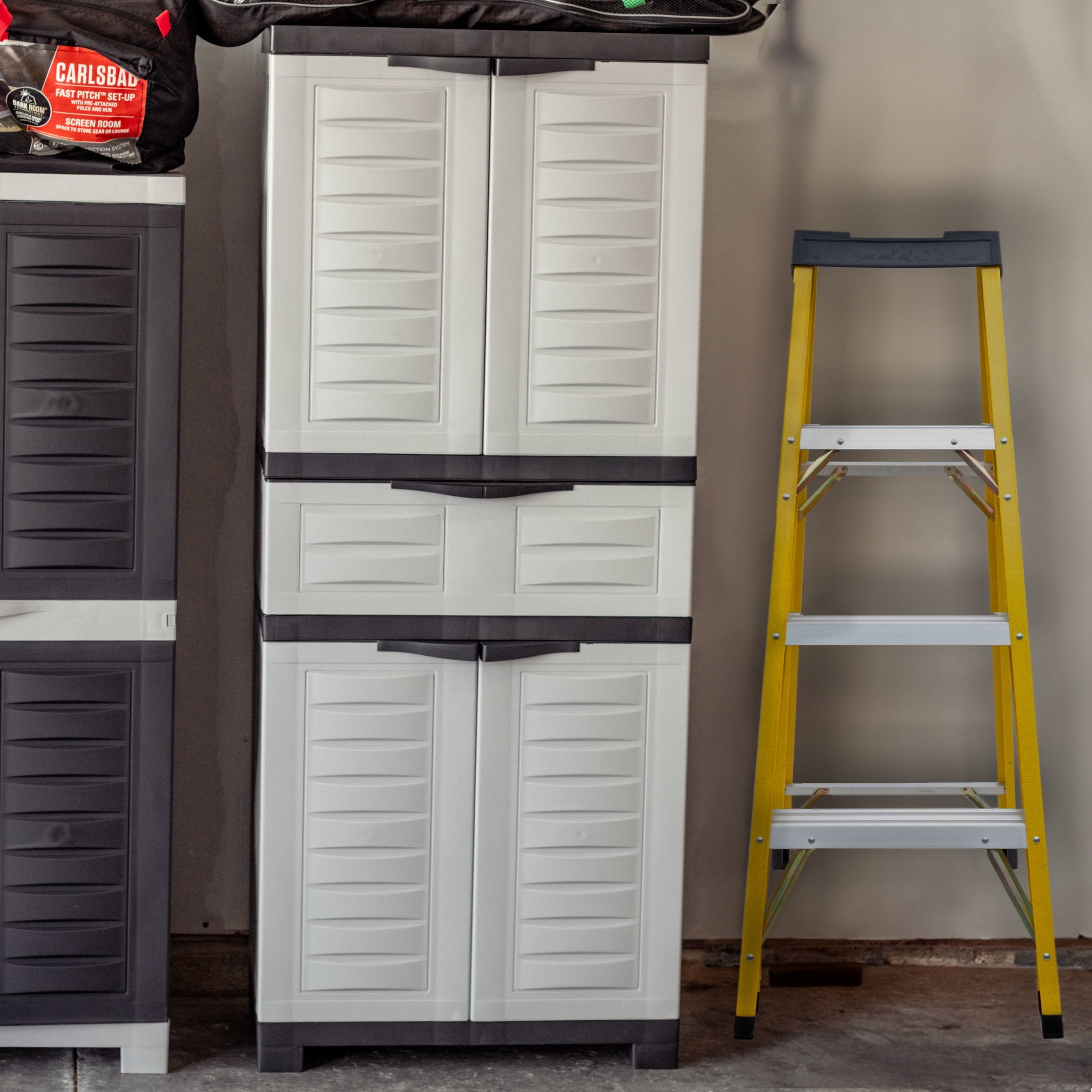 Sunnydaze Adjustable 57" Plastic 2-Shelf 1-Drawer Freestanding Storage Cabinet, Gray