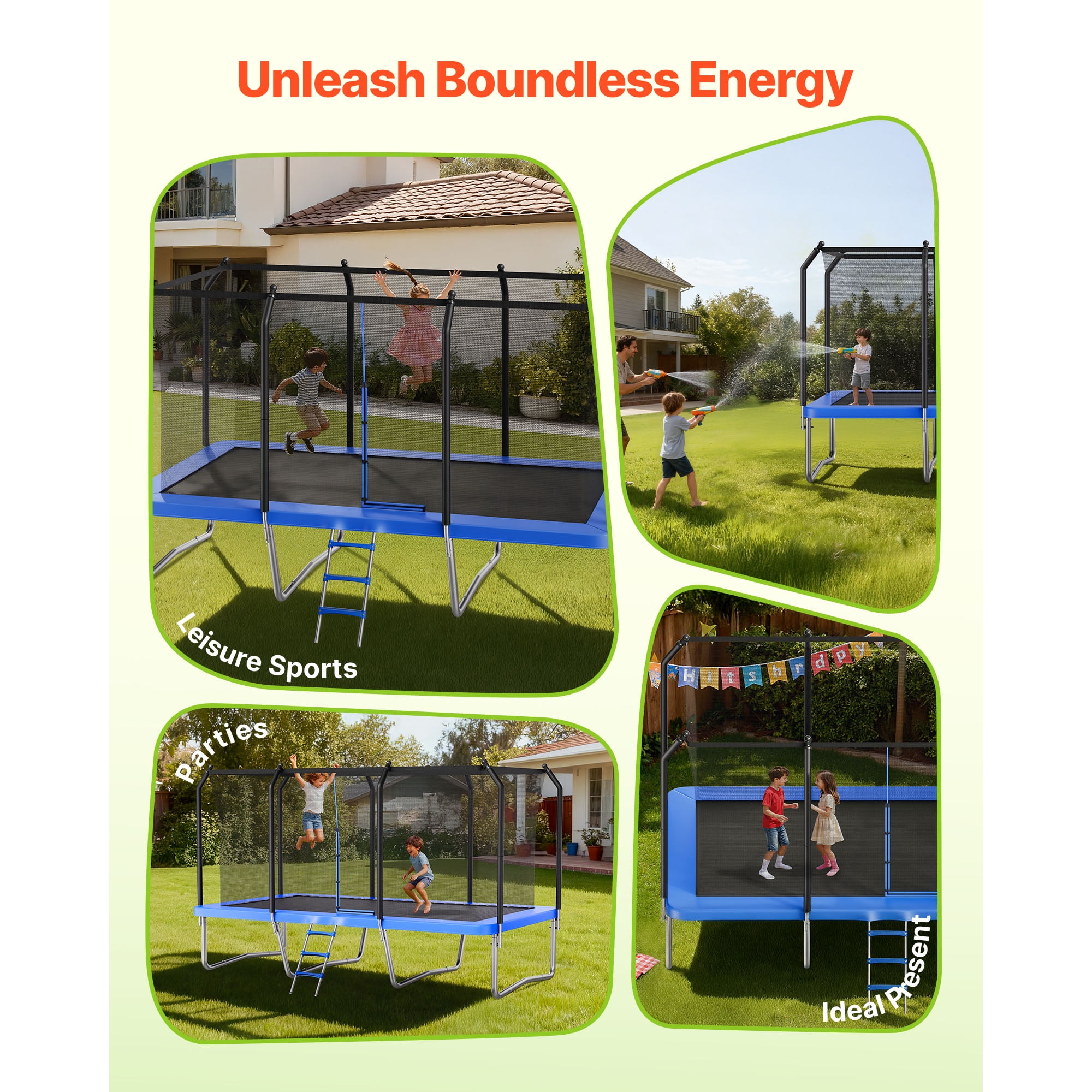 KFFKFF Outdoor Rectangle Trampoline, 8 x 14FT Recreational Trampoline with Safety Enclosure Net, ASTM Certified, 265 lbs Weight Limit, Durable Anti-Rust Design for Kids and Adults