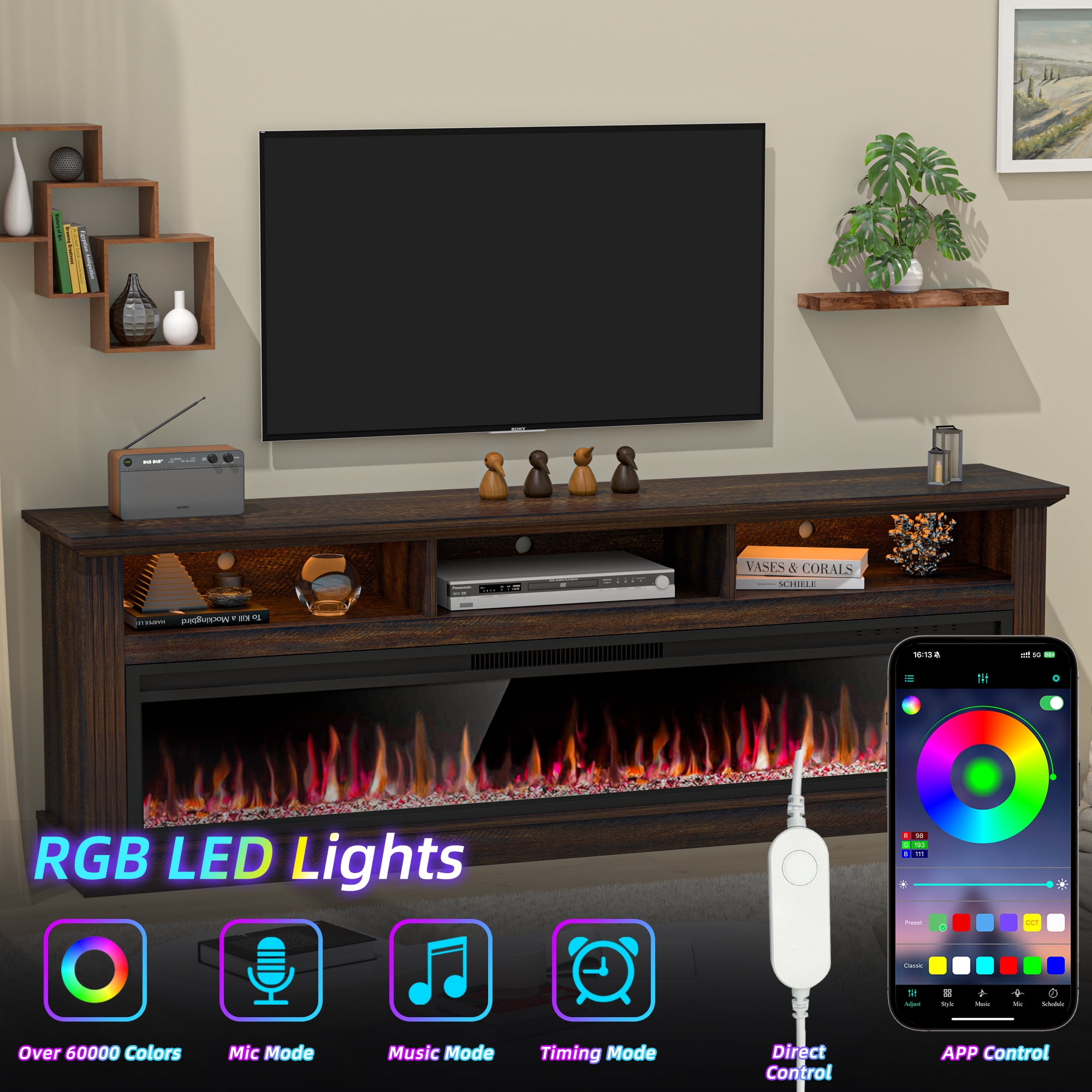 HARIPUL 58" Fireplace TV Stand for TVs Up to 65" with 52" Electric Fireplace,White Entertainment Center with Storage Cabinets,Led Light TV Consoles for Living Room,Brown/Crystal Fireplace