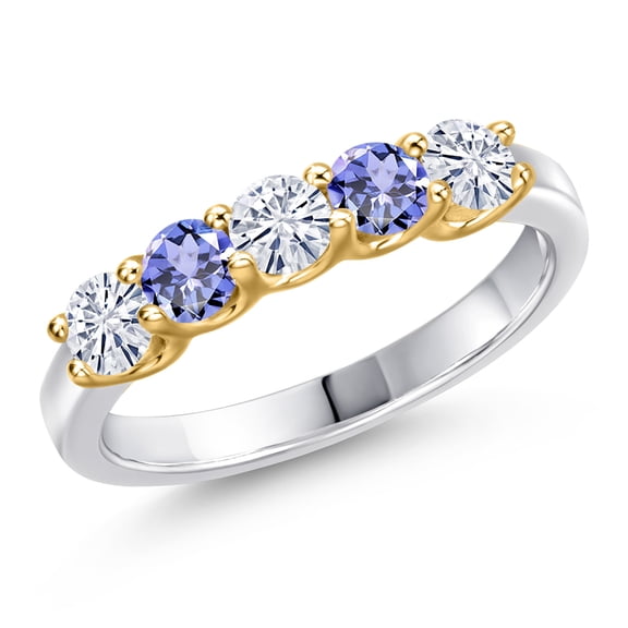 Gem Stone King 10K Two Tone Gold White Moissanite and Blue Tanzanite Wedding-Bands Ring for Women | 0.84 Cttw | Round 3.5MM | Gemstone Birthstone | Size 6
