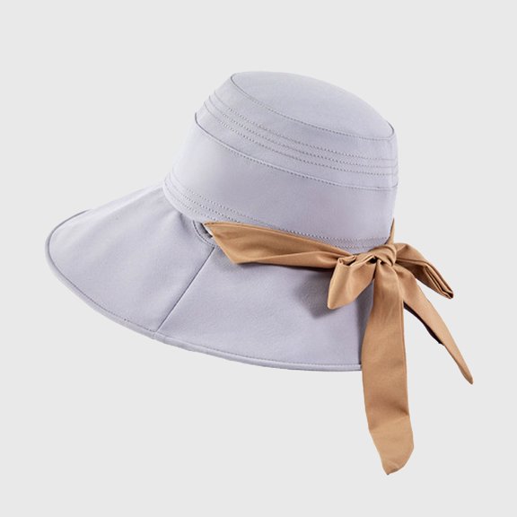 Foldable Wide - Brim Sun Hat with Bow Accent - Gray