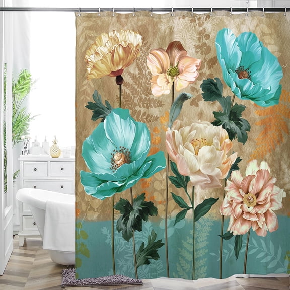 Vintage Peony Floral Shower Curtain 72x72 in, Earthy Brown Background with Light Green & Sky Blue Accents, Waterproof Washable Polyester, Hooks Included