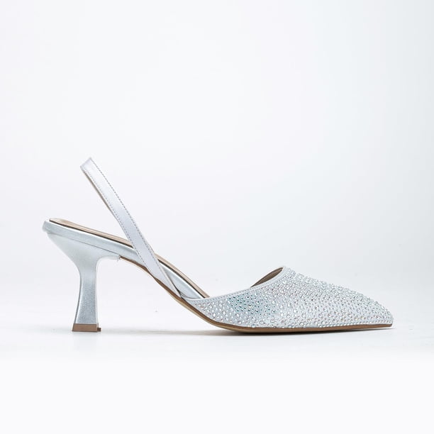 Rae - Zapatos de tacón bajo con tira trasera y diamantes de imitación plateados plateado 6.5