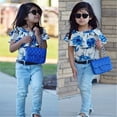 thumbnail image 4 of Kids Girls Clothes Set Baby Girl Blue Floral Tops Ruffles T-shirt Denim Pants Jeans Leggings Casual Outfits Children 1-5T, 4 of 9