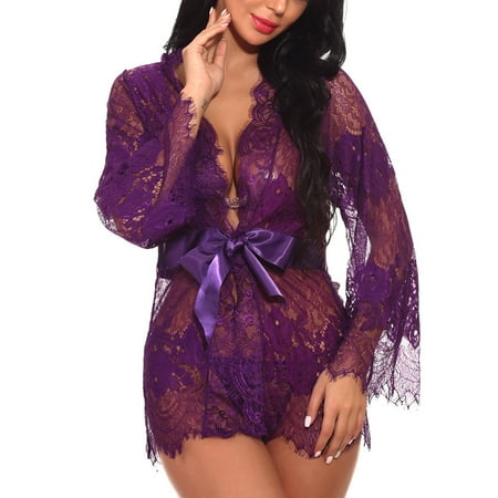 

KUNPENG Fashion Women Sexy Dressing Gown Babydoll Lace Lingerie Belt+G-string Bath Robe Valentine s Nightgown Pajamas Purple / XXL
