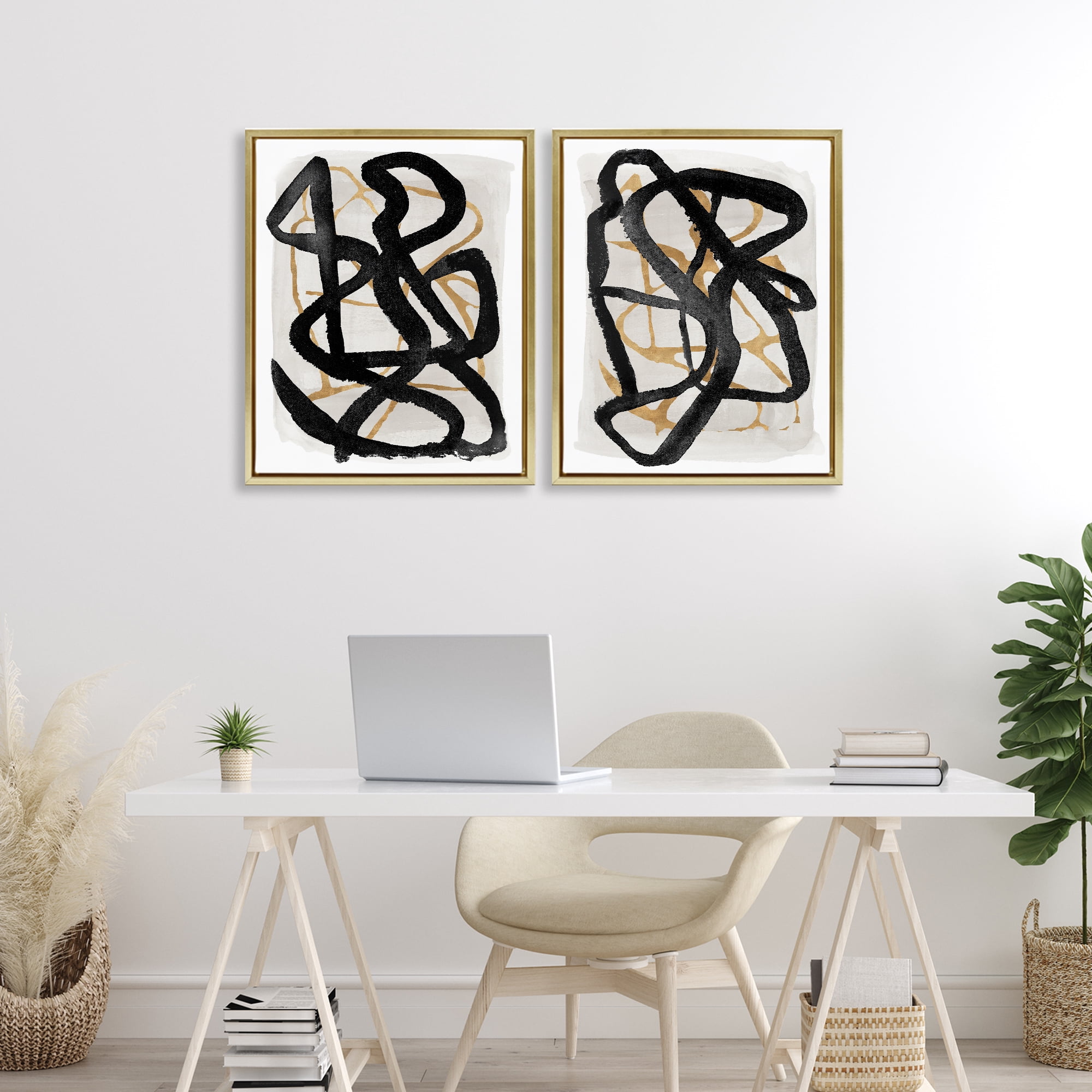 Stupell Industries Contemporary Hindsight Squiggles 2 Piece Gold Framed Floater Canvas Set, design by Lucille Price