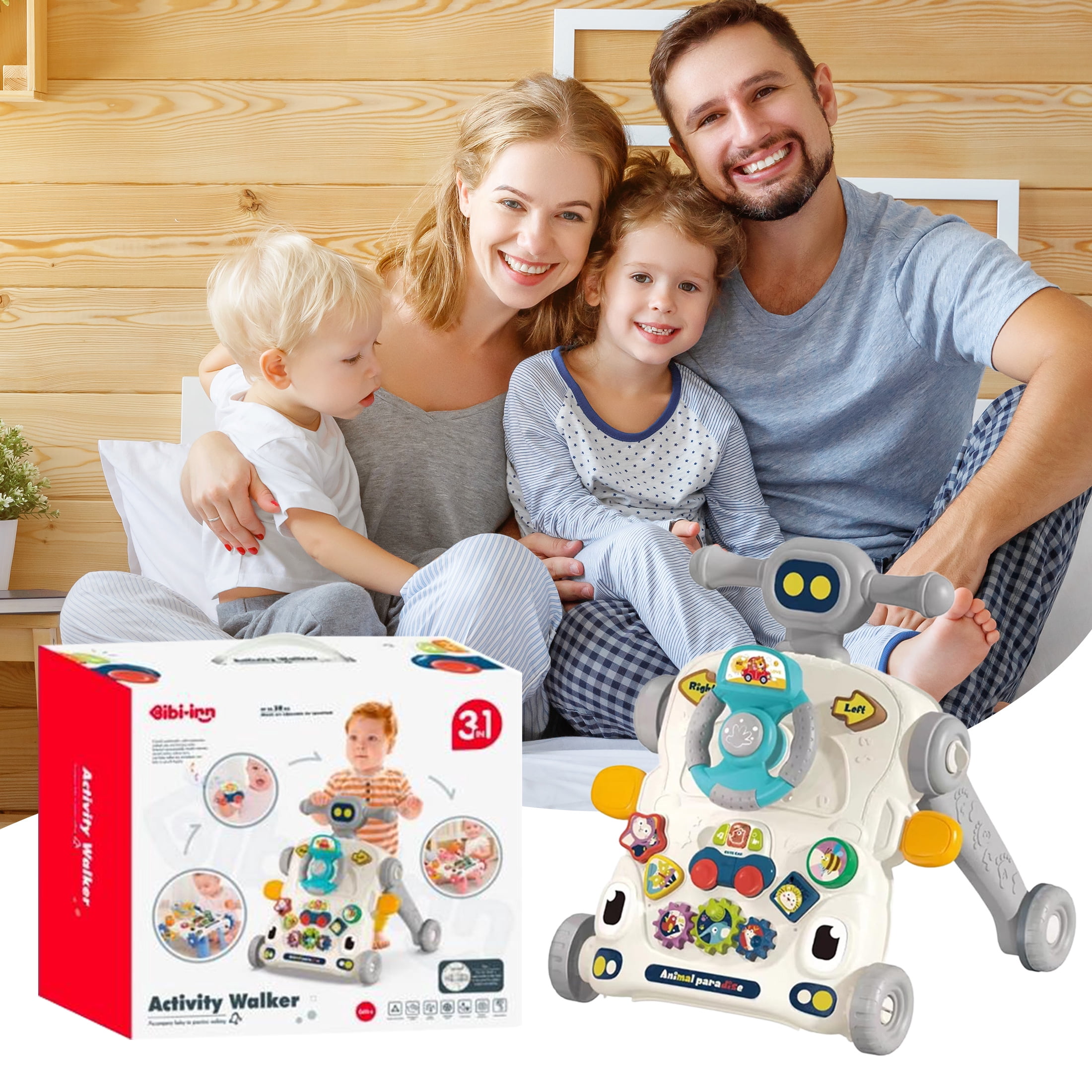 KOPPOP Baby Walker, 3-in-1 Activity Center and Learning Walker Sit-to-Stand Toy with Music & Lights, Foldable Push Toy for Infant Toddler 9+ Months, Grey