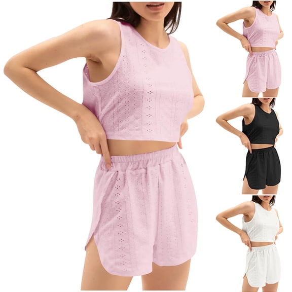 HVOBTTY Women's Crew Neck Solid Color Stretch Sleepwear Sleeveless Tank Top and Shorts Breathable 2 Piece Pajamas Set Black, XL