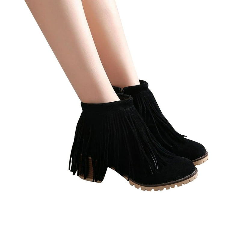 hopeusnice Women's Suede Fringe Ankle Boots Zipper Closure Booties