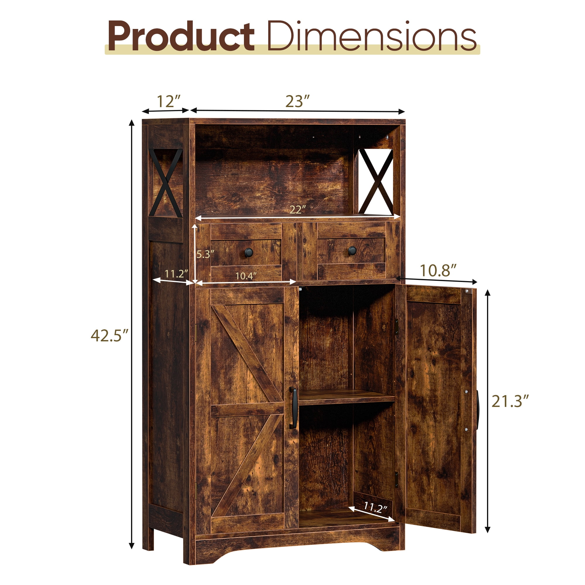HomGarden Floor Storage Cabinet Large Farmhouse Kitchen Pantry Cabinet W/Drawers & Doors & Shelves for Home, Bathroom, Entryway, Living Room, Rustic