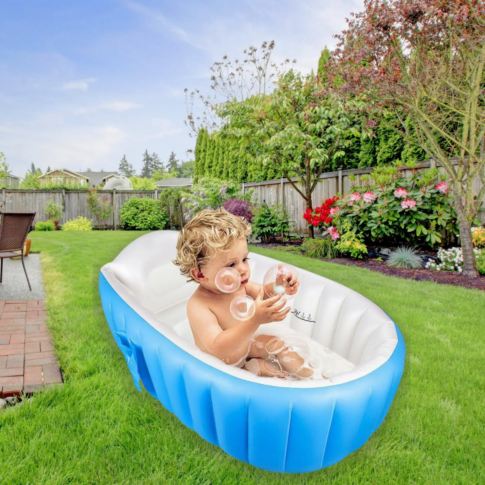 Anti-slip Inflatable Baby Tub,Foldable Shower Basin for Newborn,Comes with Pump ,Patching tools and Bathing toys（dolphins, Fish, frogs）