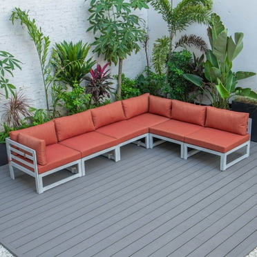 LeisureMod 6-Piece Patio Sectional in Weathered Grey Aluminum Frame with Removable Cushions and Ties for Modern Home, Backyard, Garden Chelsea Collection, Orange