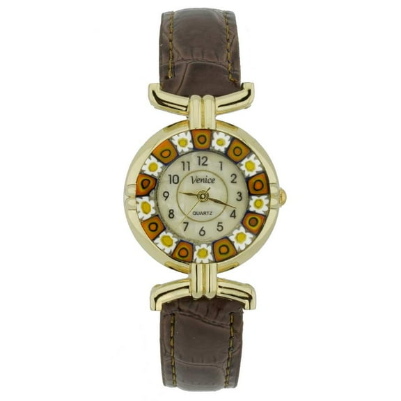 GlassOfVenice Murano Glass Millefiori Watch with Leather Band - Brown