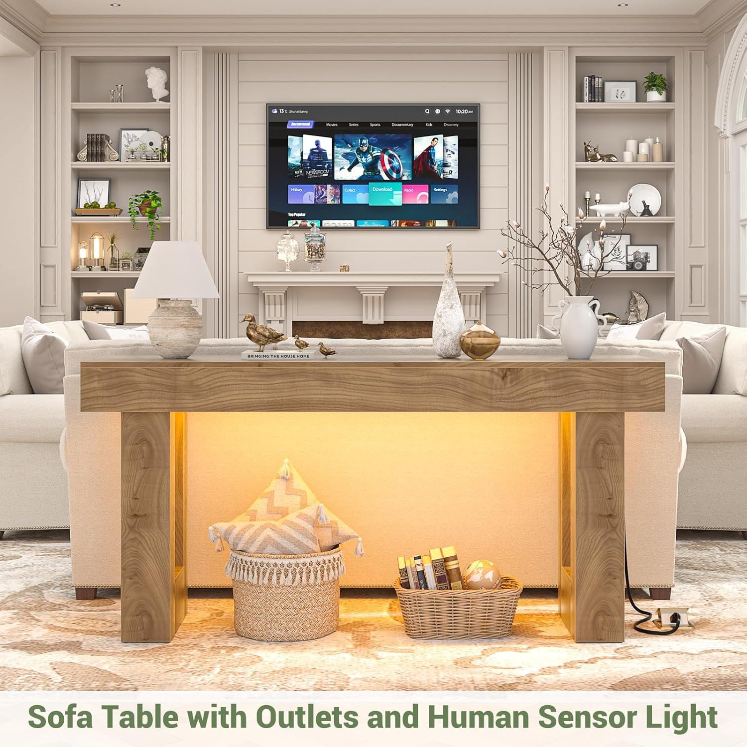 iSunirm 63" Farmhouse Console Table with Power Outlets and Sensor Light, Wooden Narrow Entryway Table with Storage for Entrance, Hallway, Living Room
