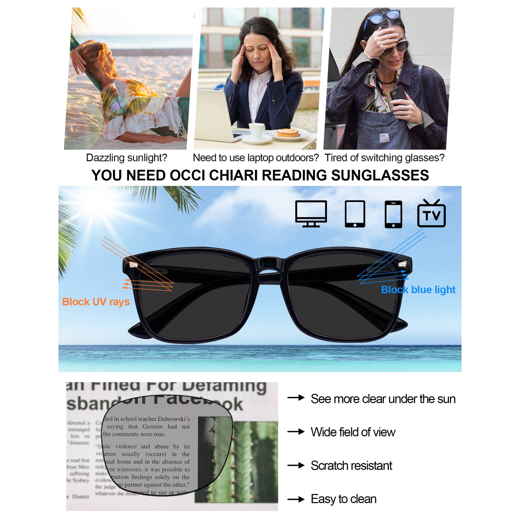 OCCI CHIARI Reading Sunglasses 3.0 Women's Trendy Sun Readers 1.00 1.25 1.50 1.75 2.00 2.25 2.50 2.75 3.00 3.50 4.00 5.00 6.00 (Black) UV Protection Blue Light Blocking Outdoors Arylic Lens
