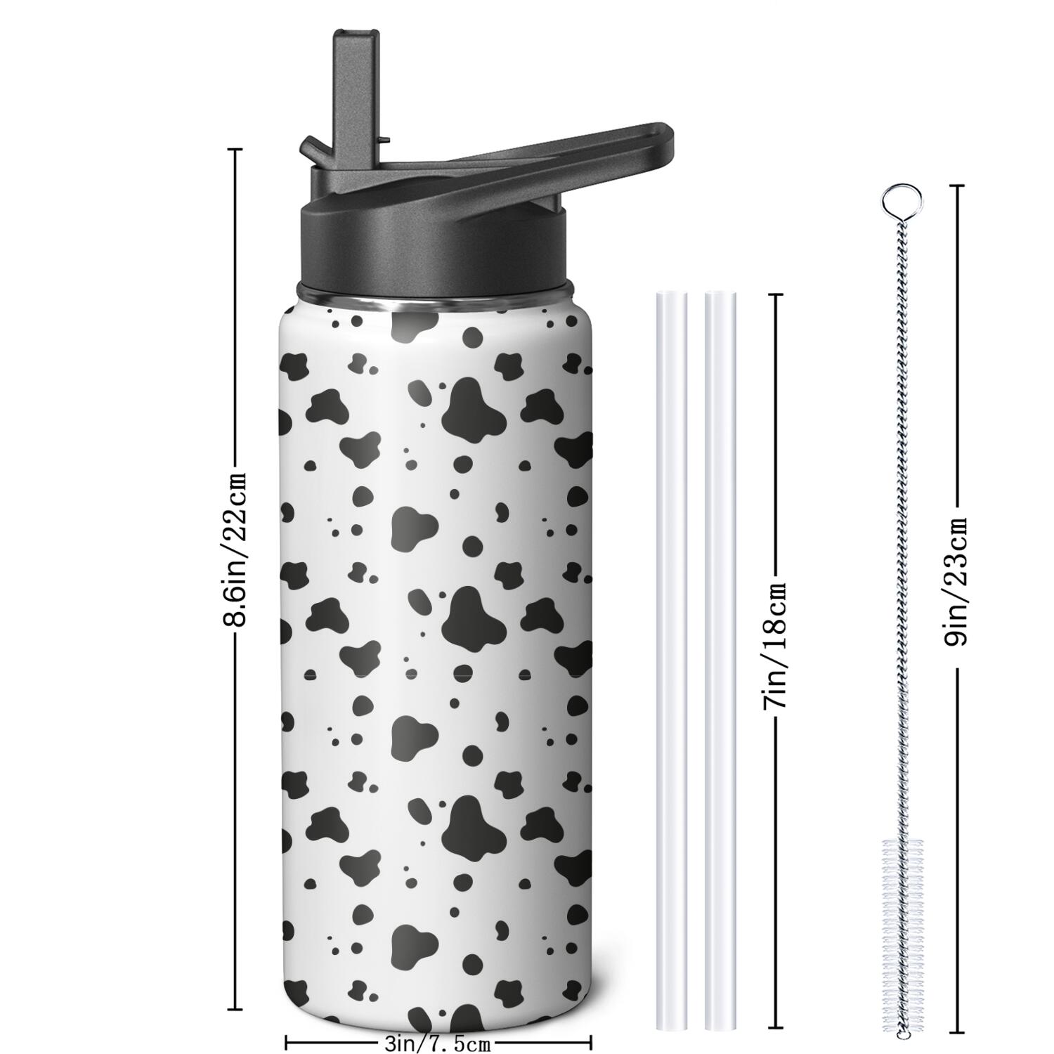 Leopard Print Insulated Stainless Steel Water Bottle with Straw & Cleaning Brush – 18 Oz | Leakproof, BPA-Free, 304 Stainless Steel, Wide Mouth, Travel Mug for Car, Gym, Office
