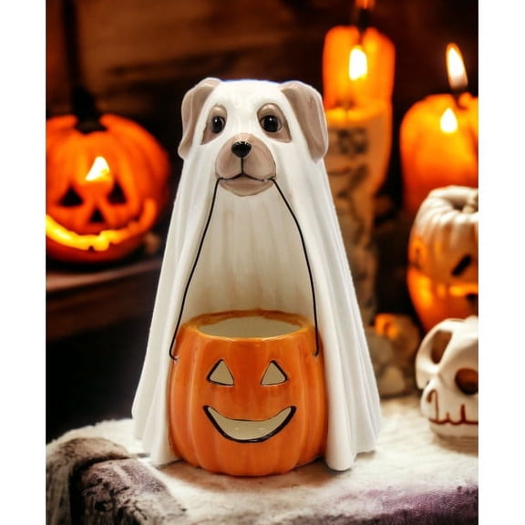 Ceramic Halloween Ghost Dog Pumpkin Tealight Holder 4 7/8" Gift