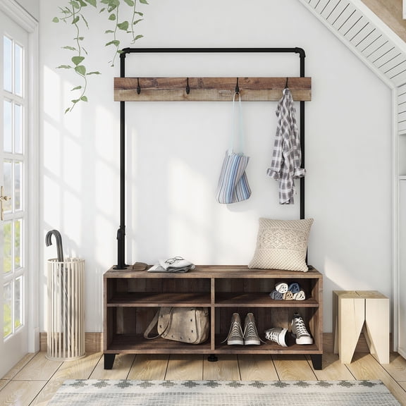 Musa 4-Shelf Wood Reclaimed Barnwood Hall Tree with 4-Hook