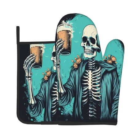 

Lukts Vintage Skull Beer Print Kitchen Heat-Resistant Gloves and Spacers 2pcs Set Suitable for Baking and Cooking